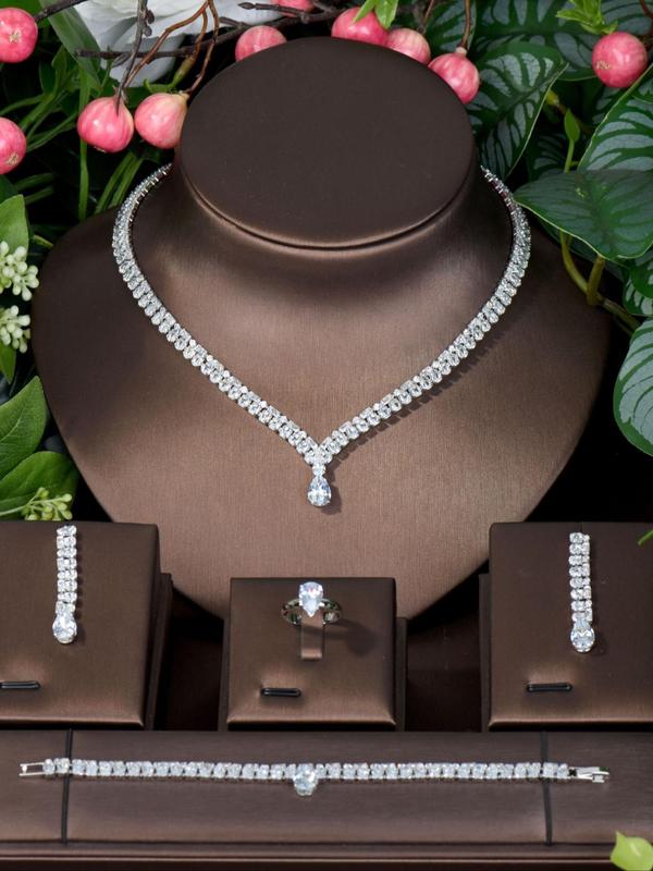 Women's Elegant Rhinestone Decorated Jewelry Set, Exquisite Trendy Necklace & Bracelet & Ring & Earrings, Chic Jewelry Set for Party Decoration