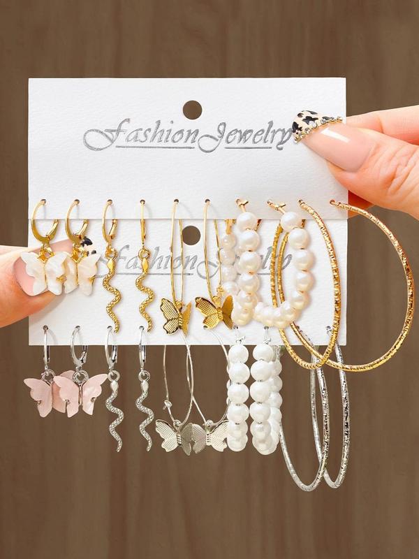 10 Pairs Elegant Butterfly, Snake & Faux Pearl Design Earrings Set, Casual Matching Dangle & Hoop Earrings Set, Fashion Jewelry Accessories for Women & Girls