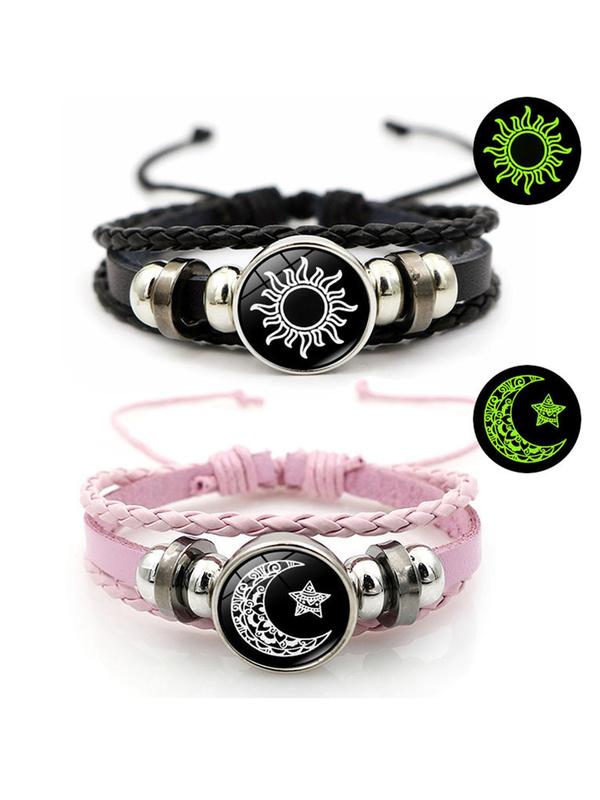 Glow in The Dark Charm Leather Bracelet, Fashionable Moon & Star Design Bangle for Women & Men, Trendy All-match & Exquisite Jewelry for Birthday Gift