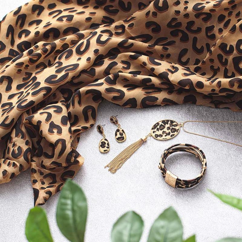 4 Count Leopard Print Scarf and Women Cheetah Wrap Shawl Dangle Earrings Necklace Multilayer Bracelet Leopard Print Accessories for Mother's Day Gift Party Costume