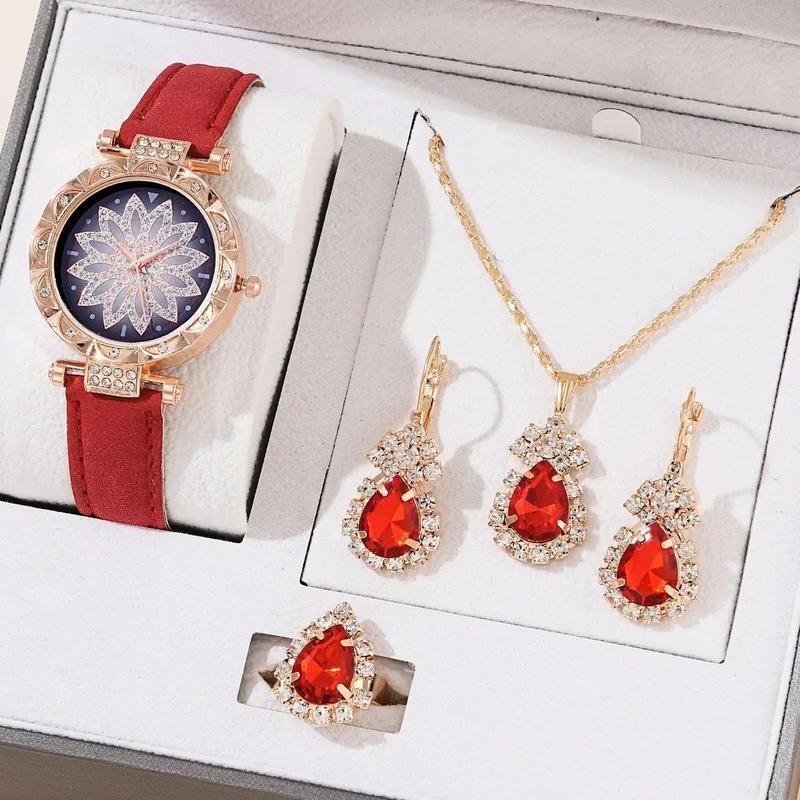 5 6PCS Set Rose Gold Luxury Watch Women Ring Necklace Earring Rhinestone ( No Box)