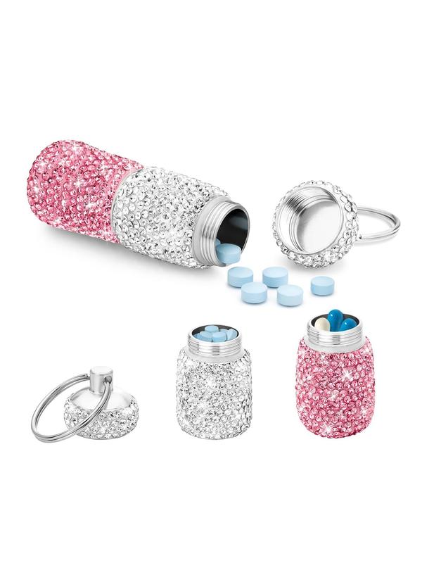 Summer Rhinestone Decorated Portable Pill Box Keychain, Portable Pill Case Organizer Keychain, Key Ring for Women & Men As Gift, Back To School