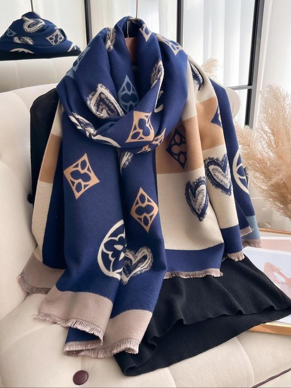 Heart Pattern Tassel Decor Scarf, Casual Soft Warm Thickened Double-sided Shawl for Fall & Winter, Fashion Accessories for Women & Men