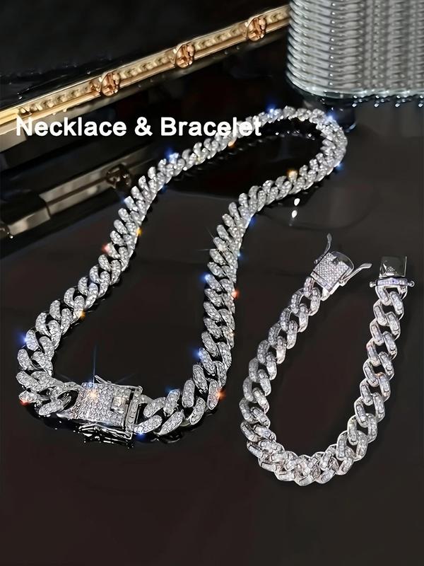 Fashionable and Luxurious Shining Hip-hop Jewelry Set, Rhinestone Decor Cuban Chain Necklace & Bracelet, Couple Anniversary Gift, Gift for Boyfriend with Box