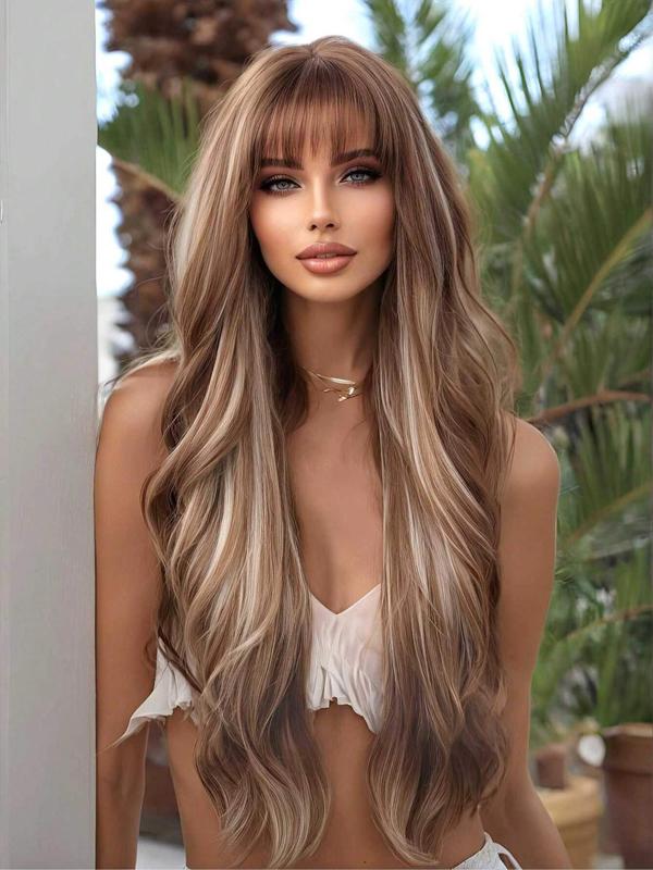 28 Inch Long Highlight Blonde Wavy Wigs for Women, Gorgeous Fluffy Wigs with Blunt Bangs, Synthetic Full Machine Wigs for Party, Daily Use