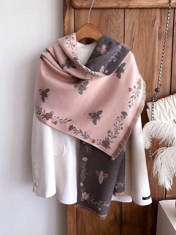 Women's Floral & Bee Pattern Fringe Trim Shawl, Casual Soft Scarf for Fall & Winter, Fashion Accessories for Daily Wear