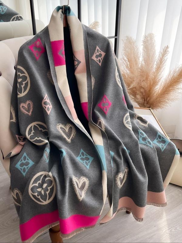 Heart Pattern Tassel Decor Scarf, Casual Soft Warm Thickened Double-sided Shawl for Fall & Winter, Fashion Accessories for Women & Men