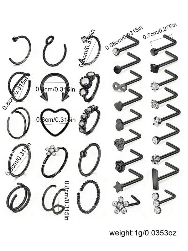 Punk Style Rhinestone Decorated Nose Studs, 33pcs Fashionable Nose Ring Set for Women & Men for Party & Daily Clothing Decor, Trendy All-match & Exquisite Body Piercing Jewelry for Daily Wear