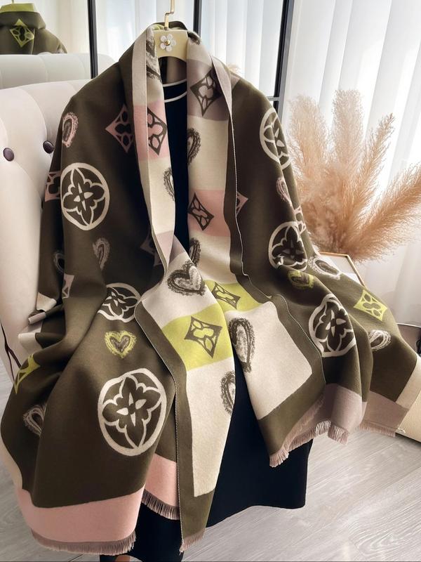 Heart Pattern Tassel Decor Scarf, Casual Soft Warm Thickened Double-sided Shawl for Fall & Winter, Fashion Accessories for Women & Men