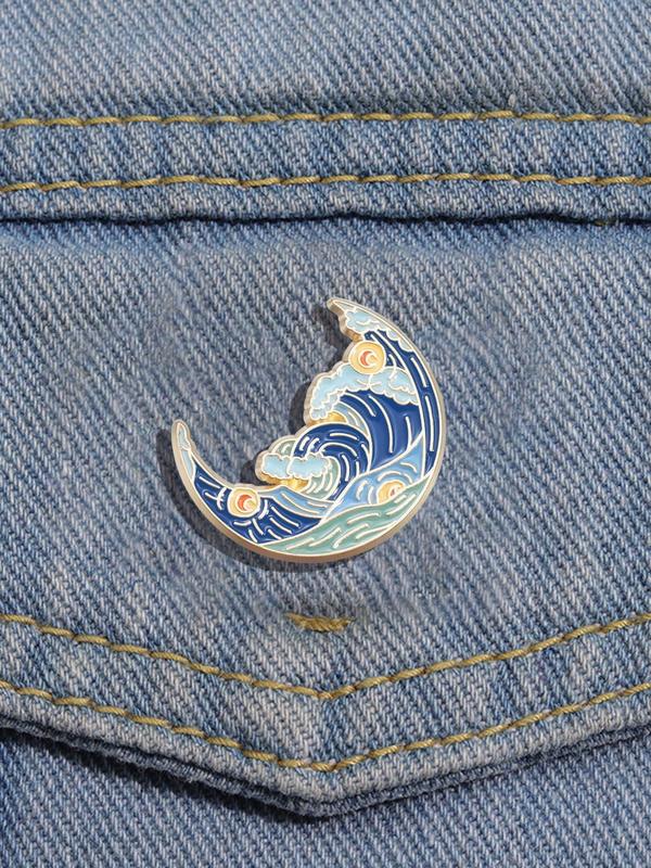 Moon & Wave Design Brooch, Creative Art Badge, Personalized Van Gogh Oil Painting Brooch, Alloy Enamel Pin Suitable for Backpacks, Jeans, Scarves, Hats Decor, Alloy Jewelry for Gift