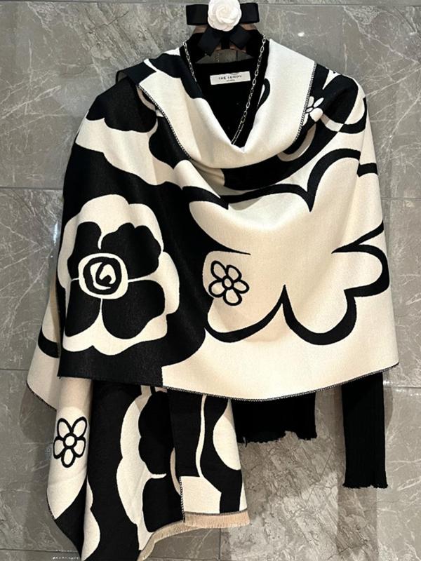 Women's Colorblock Floral Print Shawl, Casual Soft Warm Long Scarf for Fall & Winter, Fashion Accessories for Women & Girls