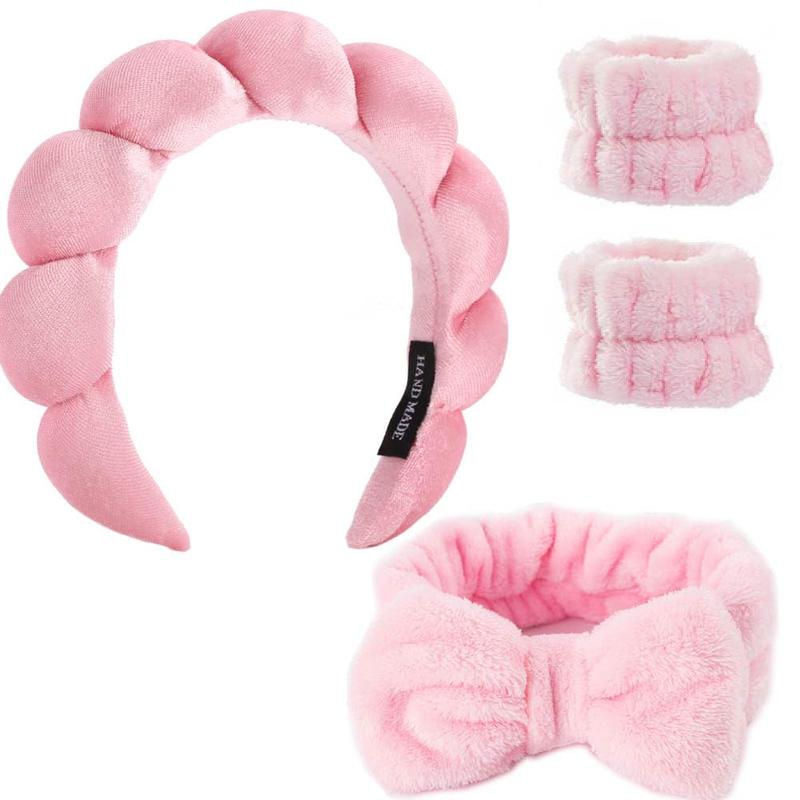 Hairband, 4pack Puffy  Headbands & Wristband Set, Makeup Headband,  Wash Headband, Skincare Headbands, Sponge Hair Band Bow Tie for Washing , Hair Accessories for Women Gifts