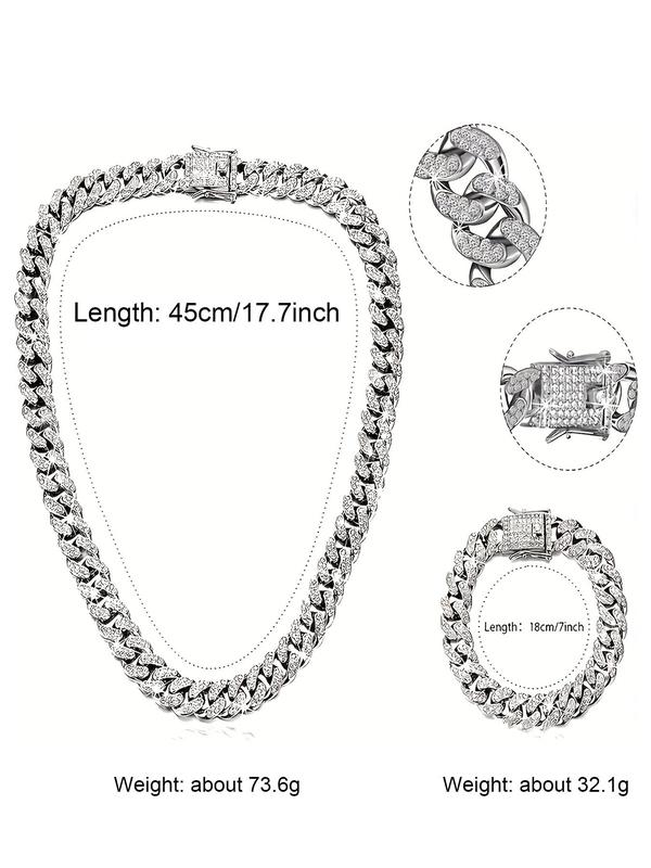 Fashionable and Luxurious Shining Hip-hop Jewelry Set, Rhinestone Decor Cuban Chain Necklace & Bracelet, Couple Anniversary Gift, Gift for Boyfriend with Box