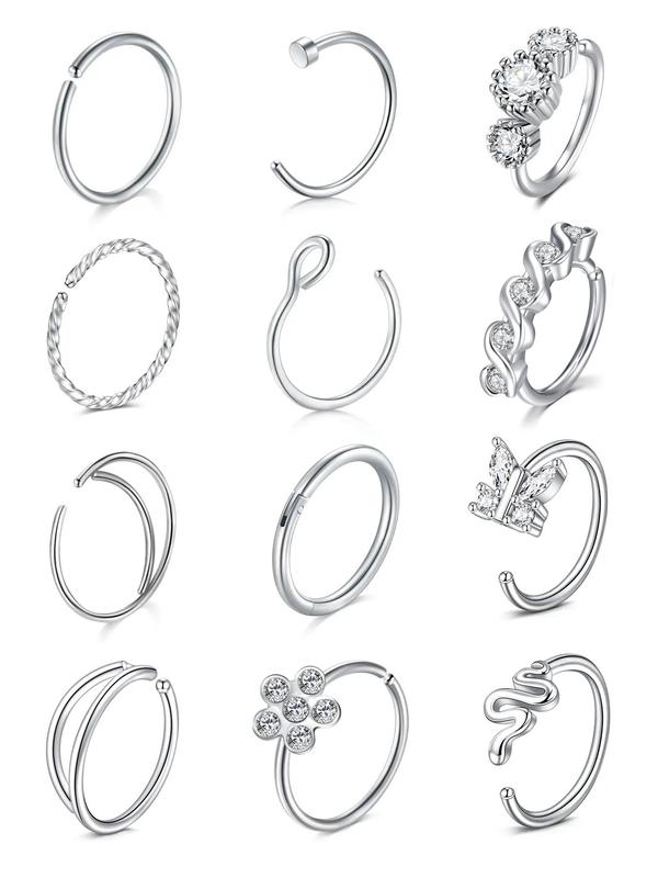 Women's Cute Rhinestone Decorated Nose Rings, 12pcs Stainless Steel Nose Rings for Women & Girls, Fashion Jewelry for Party, Daily Clothing Decor, Trendy All-match & Exquisite Body Jewelry for Gift