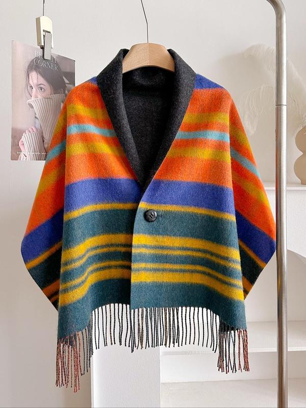 Women's Striped Pattern Button Front Shawl, Casual Retro Tassel Decor Shawl for Fall & Winter, Fashion Accessories for Women & Girls