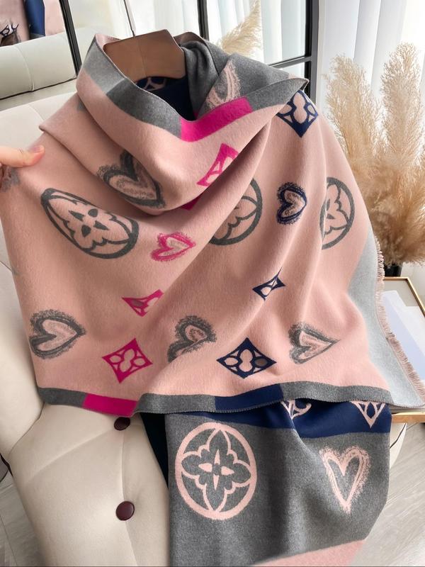 Heart Pattern Tassel Decor Scarf, Casual Soft Warm Thickened Double-sided Shawl for Fall & Winter, Fashion Accessories for Women & Men