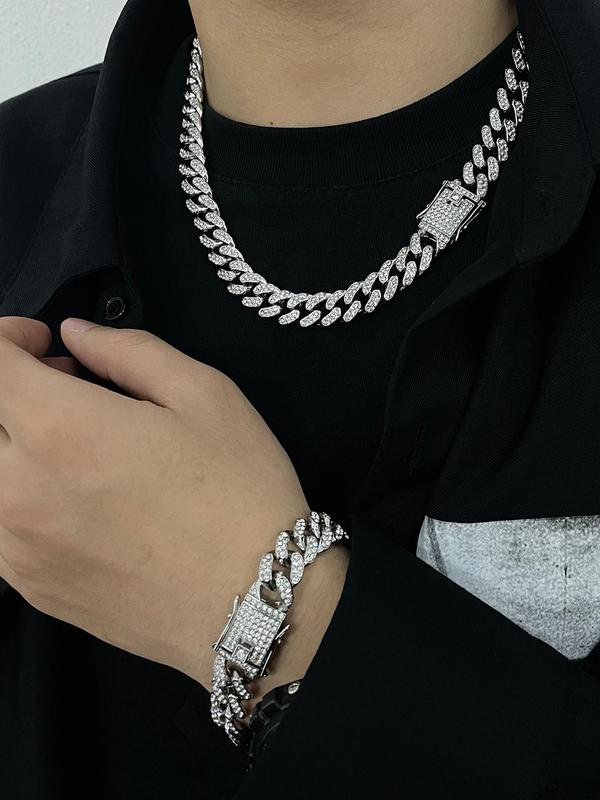 Fashionable and Luxurious Shining Hip-hop Jewelry Set, Rhinestone Decor Cuban Chain Necklace & Bracelet, Couple Anniversary Gift, Gift for Boyfriend with Box