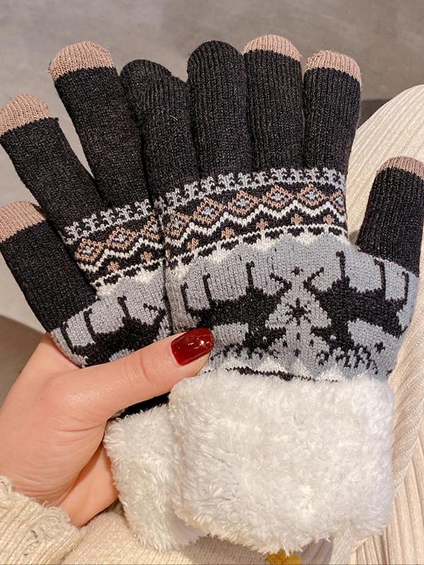 Women's Cute Christmas Themed Knitted Gloves, Casual Trendy Windproof Warm Gloves for Fall & Winter, Fashionable Gloves for Women & Girls for Daily Use