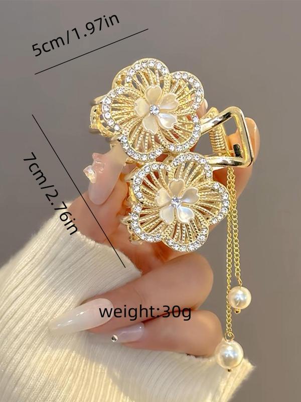 Elegant Flower Design Hair Claw, Rhinestone Decor Hair Claw, Faux Pears Chain Tassel Claw Clip for Women & Girls, Fashionable Hair Accessories for Daily & Party Hairstyle Decoration