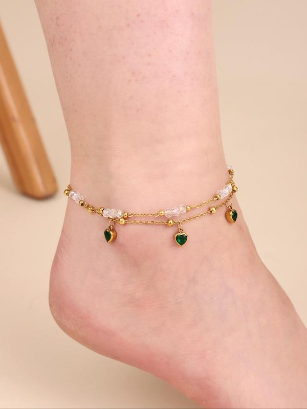 Fashion Creative Heart & Beaded Design Layered Anklet, Fashion Jewelry for Party, Daily Clothing Decor, Trendy All-match & Exquisite Jewelry for Birthday Gift