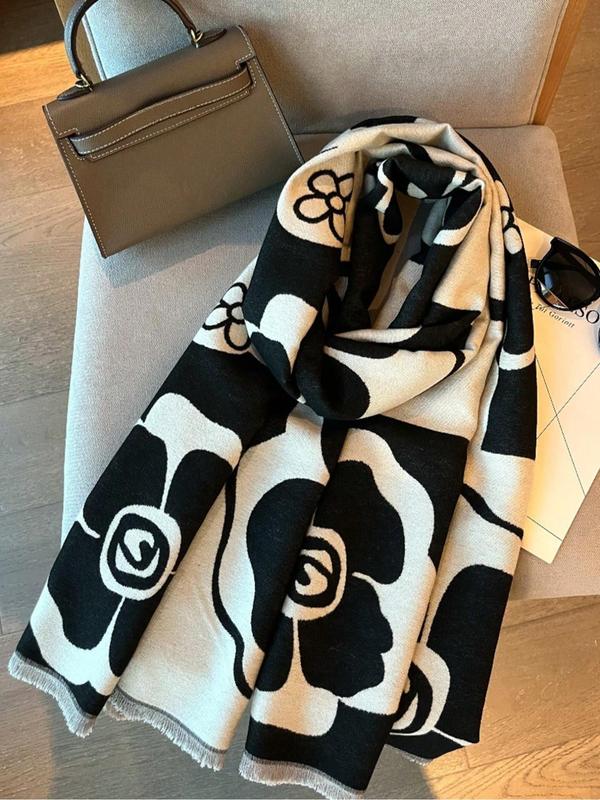 Women's Colorblock Floral Print Shawl, Casual Soft Warm Long Scarf for Fall & Winter, Fashion Accessories for Women & Girls