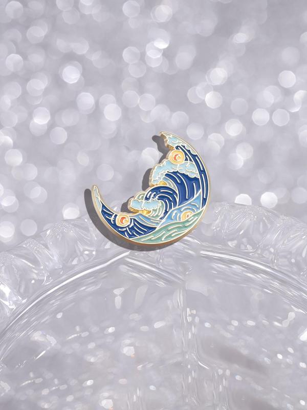 Moon & Wave Design Brooch, Creative Art Badge, Personalized Van Gogh Oil Painting Brooch, Alloy Enamel Pin Suitable for Backpacks, Jeans, Scarves, Hats Decor, Alloy Jewelry for Gift