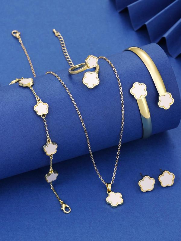 Flower Design Jewelry Set, Elegant Necklace & Chain Bracelet & Cuff Bangle & Earrings & Ring, Fashion Accessories for Women, Trendy All-match & Exquisite Jewelry Set for Gift