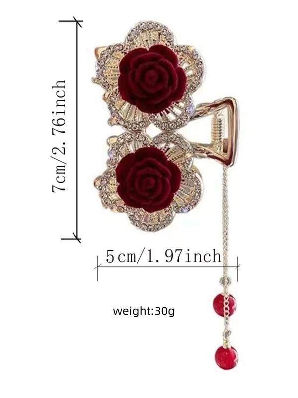 Elegant Flower Design Hair Claw, Rhinestone Decor Hair Claw, Faux Pears Chain Tassel Claw Clip for Women & Girls, Fashionable Hair Accessories for Daily & Party Hairstyle Decoration