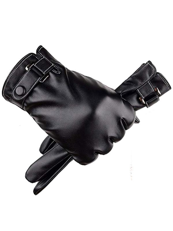 Sporty Men's Solid Color Button Ring Linked PU Gloves, Warm Winter Sports Gloves, Lightweight Windproof Gloves for Men