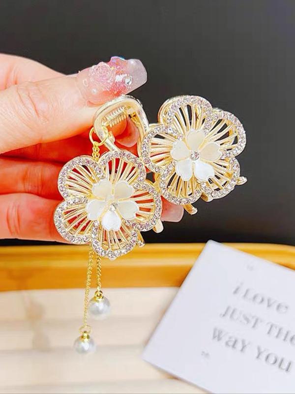 Elegant Flower Design Hair Claw, Rhinestone Decor Hair Claw, Faux Pears Chain Tassel Claw Clip for Women & Girls, Fashionable Hair Accessories for Daily & Party Hairstyle Decoration