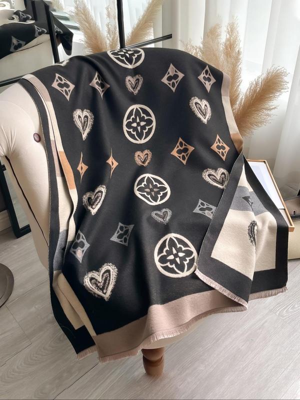 Heart Pattern Tassel Decor Scarf, Casual Soft Warm Thickened Double-sided Shawl for Fall & Winter, Fashion Accessories for Women & Men