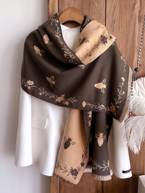 Women's Floral & Bee Pattern Fringe Trim Shawl, Casual Soft Scarf for Fall & Winter, Fashion Accessories for Daily Wear