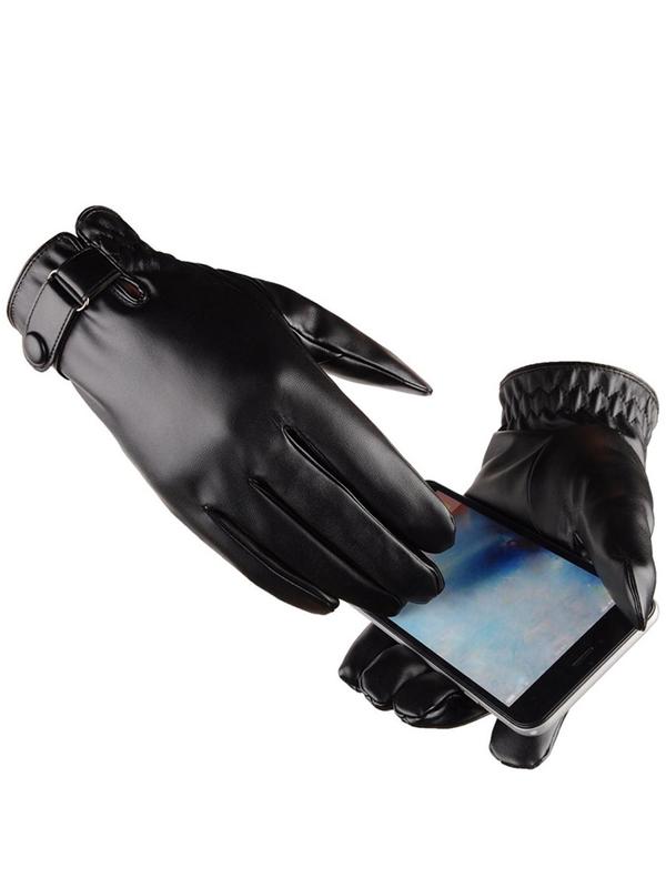 Sporty Men's Solid Color Button Ring Linked PU Gloves, Warm Winter Sports Gloves, Lightweight Windproof Gloves for Men