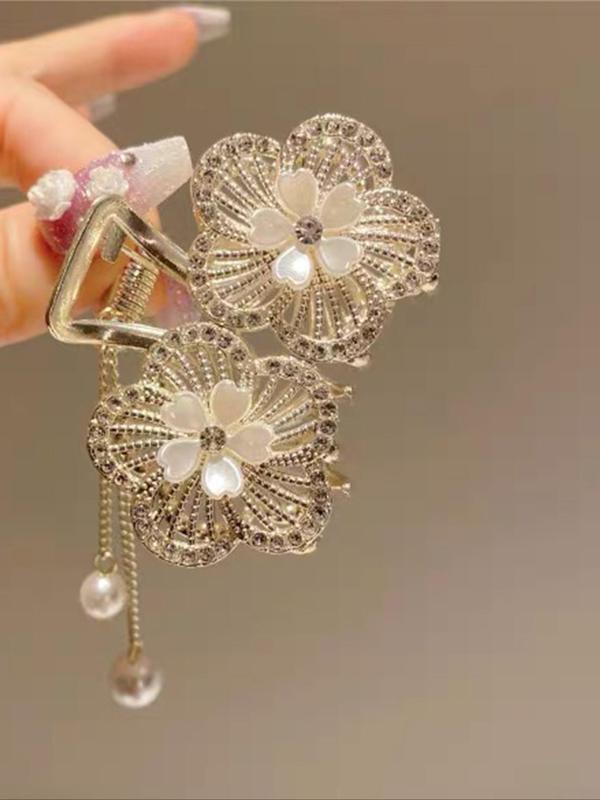 Elegant Flower Design Hair Claw, Rhinestone Decor Hair Claw, Faux Pears Chain Tassel Claw Clip for Women & Girls, Fashionable Hair Accessories for Daily & Party Hairstyle Decoration