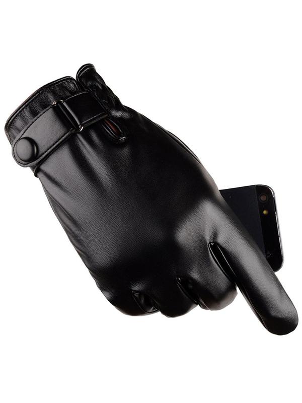 Sporty Men's Solid Color Button Ring Linked PU Gloves, Warm Winter Sports Gloves, Lightweight Windproof Gloves for Men