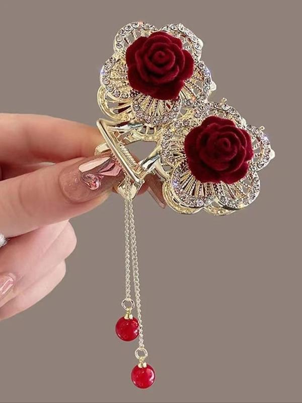 Elegant Flower Design Hair Claw, Rhinestone Decor Hair Claw, Faux Pears Chain Tassel Claw Clip for Women & Girls, Fashionable Hair Accessories for Daily & Party Hairstyle Decoration