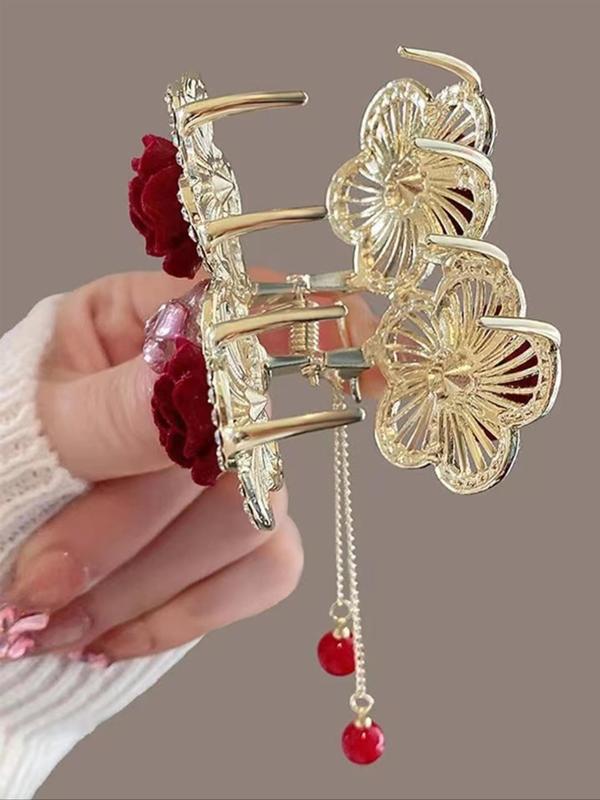 Elegant Flower Design Hair Claw, Rhinestone Decor Hair Claw, Faux Pears Chain Tassel Claw Clip for Women & Girls, Fashionable Hair Accessories for Daily & Party Hairstyle Decoration