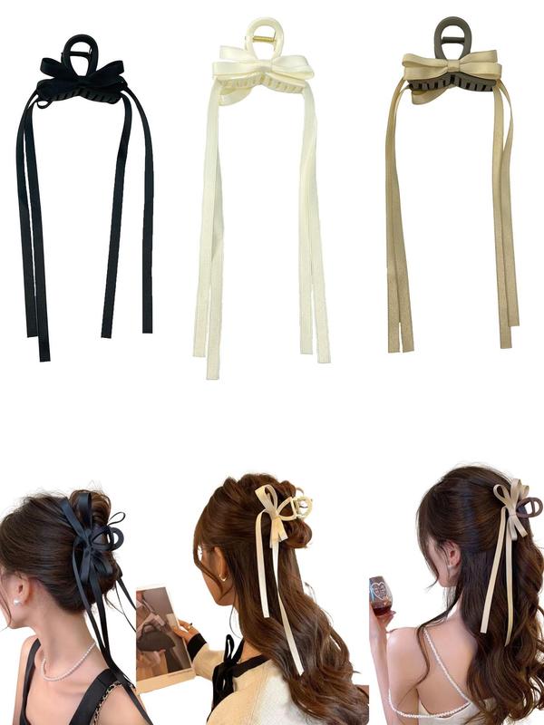 3pcs Summer 2024 Solid Bow Decor Hair Claw for Women, Minimalist Headwear Suitable for Thick Hair, Fashion Hair Accessories for Party, Daily Clothing Decor