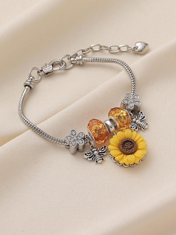 Women's Elegant Sunflower & Bee Design Charm Bracelet, Exquisite Trendy Rhinestone Decor Bracelet, Fashionable Jewelry for Women & Girls As Gift