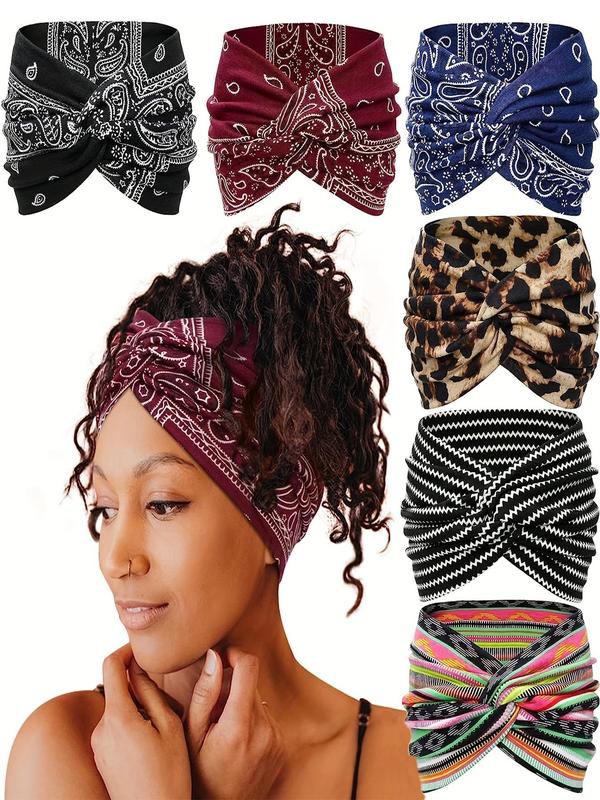 Boho Style Leopard & Paisley Print Hair Band (6counts set), Non-slip Wide Elastic Hair Band Back To School, Fashion Summer 2024 Hair Accessories for Women & Girls, Fall Outfits, Fall Freshness