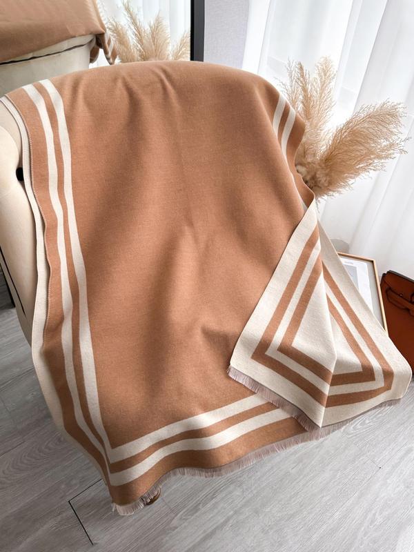 Women's Solid Color & Striped Pattern Tassel Decor Shawl, Casual Warm Thickened Scarf for Fall & Winter, Fashion Accessories for Daily Wear