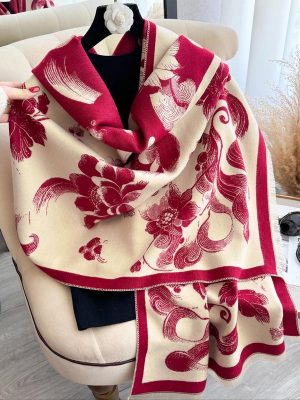 Women's Floral Pattern Raw Trim Shawl, Imitation Cashmere Long Scarf, Casual Soft Warm Thick Double Sided Scarf for Fall & Winter, Fashion Accessories for Daily Wear