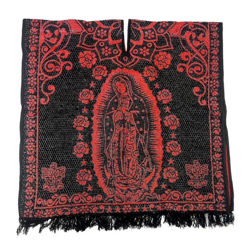 Mexican Poncho Gabanes Virgen de Guadalupe Design- Burgundy