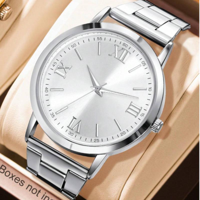 Men's Silver Stainless Steel Strap Casual Minimalist Round Dial Roman Numerals Quartz Watch