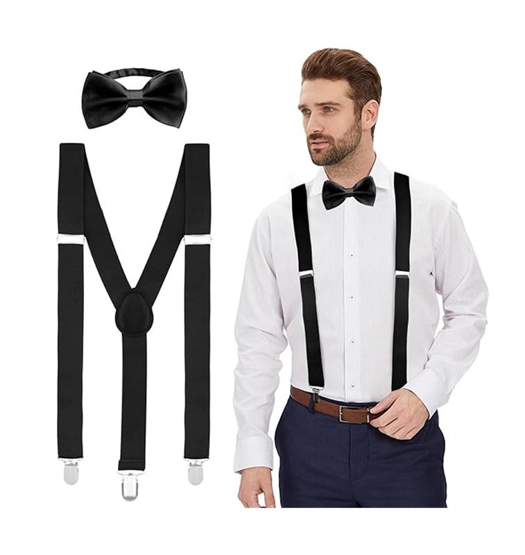 Suspenders and Bow Tie Set, Y Shape Suspenders With Clips Adjustable Buckle, Suspenders Women Men