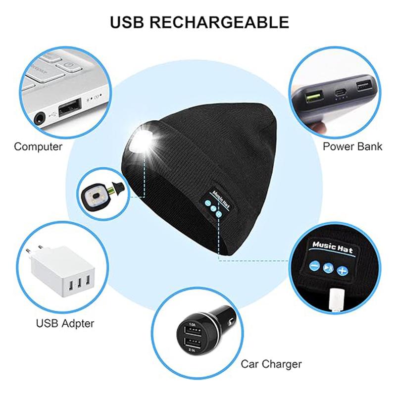 Beanie Bluetooth Hat with Light, Wireless Headphones, USB Rechargeable Headlamp Winter Knitted Cap Gifts for Men & Women, Casual Knit Hat for Fall & Winter, Fashion Accessories for Cold Weather, Fall Outfits, Black,  Christmas Gift