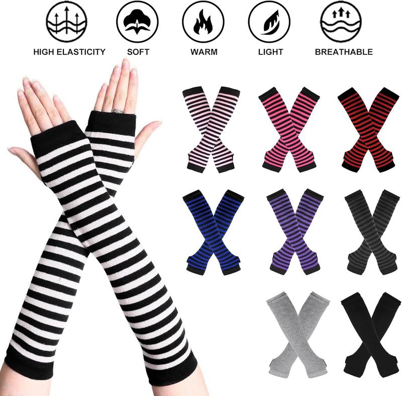 Womens Punk Gothic Long Arm Warmers Striped Fingerless Gloves Winter Knitted Stretchy Mittens Thumb Hole Wrist Warmer