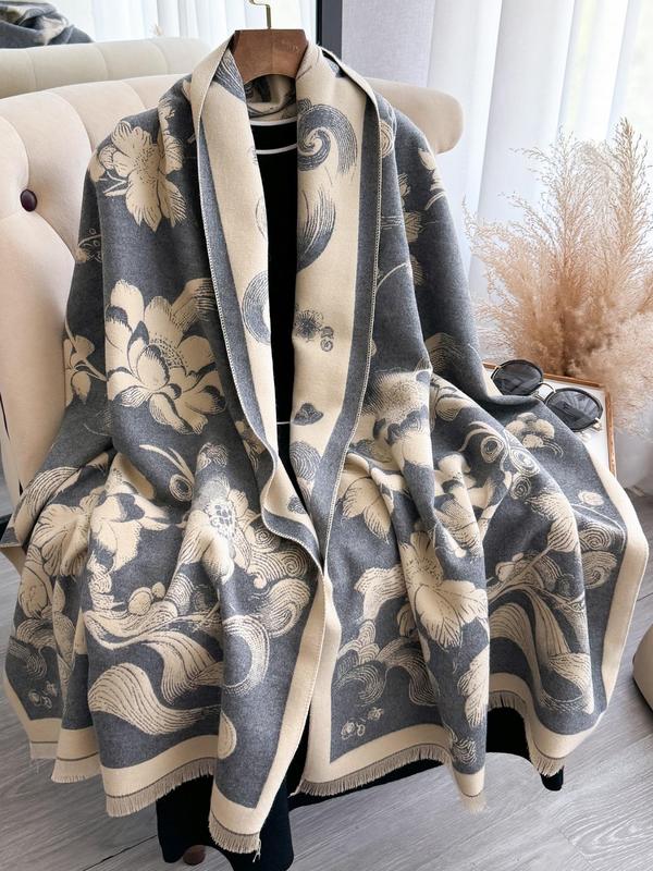 Women's Floral Pattern Raw Trim Shawl, Imitation Cashmere Long Scarf, Casual Soft Warm Thick Double Sided Scarf for Fall & Winter, Fashion Accessories for Daily Wear