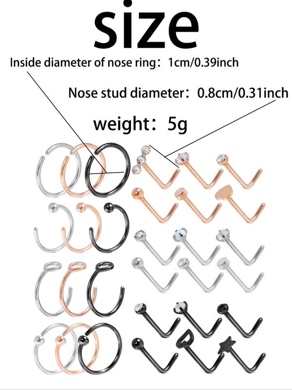 Mixed Style Stainless Steel Nose Rings, Nose Cuff Rings, Fashion Body Piercing Jewelry for Women & Men, Fashion Accessory for Party, Bf Gift Basket