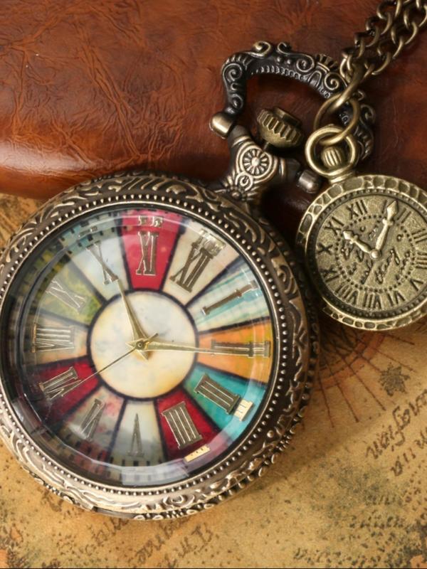 Vintage Colorblock Glass Pocket Watch, Fashion Round Dial Quartz Watch with Chain for Men, Trendy All-match & Exquisite Watch for Birthday Gift